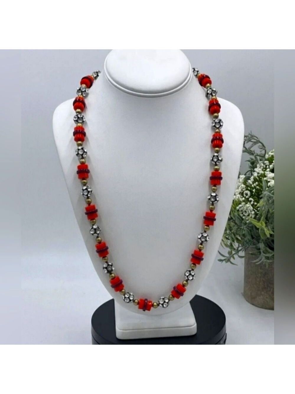 J. Crew Rhinestone and Orange and Purple Lucite Necklace 28"